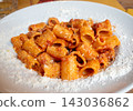 Close Up of  Pasta Amatriciana Topped with Grated Cheese 143036862