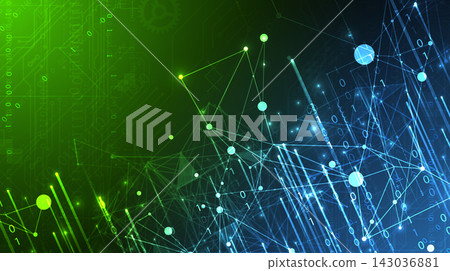 Abstract futuristic technology background with digital network nodes and binary data stream Abstract futuristic technology background with digital network nodes and binary data stream 143036881