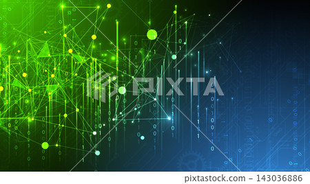 Abstract futuristic technology background with digital network nodes and binary data stream 143036886