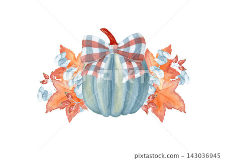 Autumn composition with blue pumpkin, plaid bow, maple leaves, eucalyptus and berries watercolor isolated illustration. Hand drawn cozy seasonal clipart for Thanksgiving and fall home decor. Autumn composition with blue pumpkin, plaid bow, maple leaves, eucalyptus and berries watercolor isolated illustration. Hand drawn cozy seasonal clipart for Thanksgiving and fall home decor. 143036945