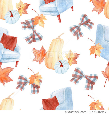 Watercolor autumn seamless pattern with illustrations cozy armchairs, pumpkins, plaid bows and maple leaves. Hand drawn repeating background for Thanksgiving and fall design on white. Watercolor autumn seamless pattern with illustrations cozy armchairs, pumpkins, plaid bows and maple leaves. Hand drawn repeating background for Thanksgiving and fall design on white. 143036947