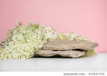 Stone Podium with flowering hydrangea branches for product presentation. Abstract minimal natural rock pedestal on pink background. Showcase, white flowers soft shadow. Scene, display case. Front view Stone Podium with flowering hydrangea branches for product presentation. Abstract minimal natural rock pedestal on pink background. Showcase, white flowers soft shadow. Scene, display case. Front view 143037159