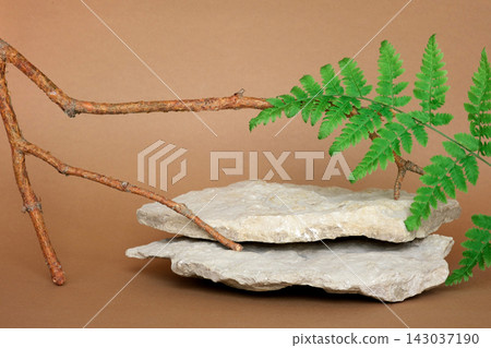 Stone Podium for promotion on beige Background. Natural pedestal. Rock. Beauty product mockup. Scene to show products. Showcase, display case. Front View, soft shadow. Green fern leaf, wooden branch Stone Podium for promotion on beige Background. Natural pedestal. Rock. Beauty product mockup. Scene to show products. Showcase, display case. Front View, soft shadow. Green fern leaf, wooden branch 143037190