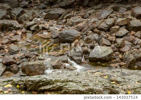 Crystal Clear Mountain Stream Flowing Over Ancient Granite Rocks in Autumn Crystal Clear Mountain Stream Flowing Over Ancient Granite Rocks in Autumn 143037514