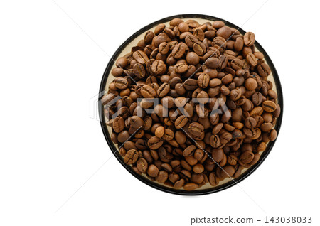 Overhead View of Roasted Coffee Beans in a Bowl Overhead View of Roasted Coffee Beans in a Bowl 143038033