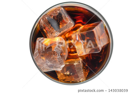 Top-Down View of a Glass Filled with Cola and Ice Cubes Top-Down View of a Glass Filled with Cola and Ice Cubes 143038039