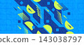 Dynamic and Geometric Background with Semi Circles, Blue Squares and Dotted Patterns on Blue Textured Background 143038797