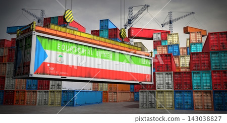 Equatorial Guinea - freight container in cargo terminal - 3D illustration Equatorial Guinea - freight container in cargo terminal - 3D illustration 143038827