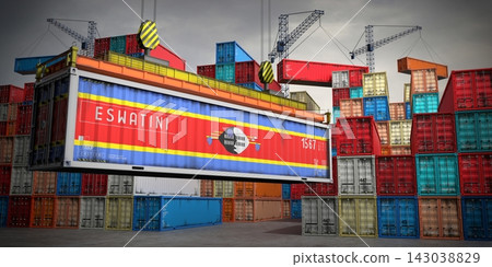 Eswatini - freight container in cargo terminal - 3D illustration Eswatini - freight container in cargo terminal - 3D illustration 143038829