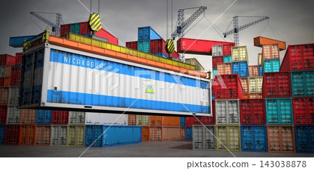 Nicaragua - freight container in cargo terminal - 3D illustration Nicaragua - freight container in cargo terminal - 3D illustration 143038878