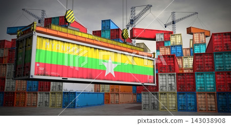 Myanmar - freight container in cargo terminal - 3D illustration Myanmar - freight container in cargo terminal - 3D illustration 143038908