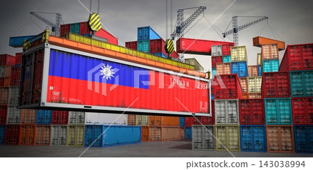Taiwan - freight container in cargo terminal - 3D illustration Taiwan - freight container in cargo terminal - 3D illustration 143038994