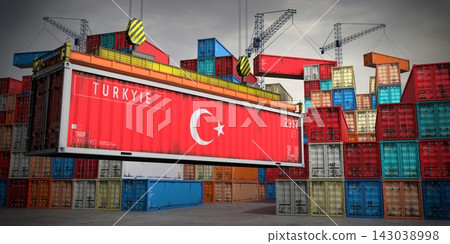 Turkyie - freight container in cargo terminal - 3D illustration Turkyie - freight container in cargo terminal - 3D illustration 143038998