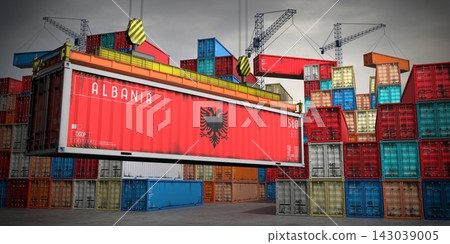 Albania - freight container in cargo terminal - 3D illustration Albania - freight container in cargo terminal - 3D illustration 143039005