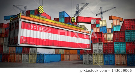 Austria - freight container in cargo terminal - 3D illustration Austria - freight container in cargo terminal - 3D illustration 143039006