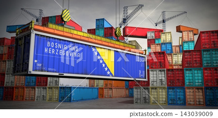 Bosnia and Herzegovina - freight container in cargo terminal - 3D illustration Bosnia and Herzegovina - freight container in cargo terminal - 3D illustration 143039009