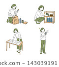 A set of disaster preparedness illustrations depicting a woman checking her disaster preparedness backpack, emergency supplies, evacuation routes, and emergency alerts. 143039191