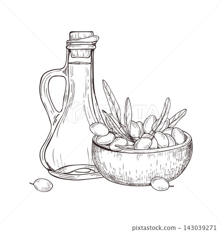 Glass oil jug and wooden bowl filled with olives and branches. Seasonal harvest for making traditional oil monochrome line ink illustration. Mediterranean menus, kitchen decor. 143039271