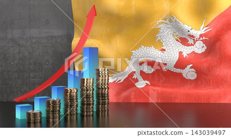 Bhutan - growth chart and national flag - 3D illustration 143039497