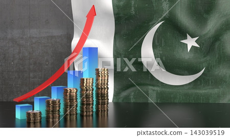 Pakistan - growth chart and national flag - 3D illustration Pakistan - growth chart and national flag - 3D illustration 143039519