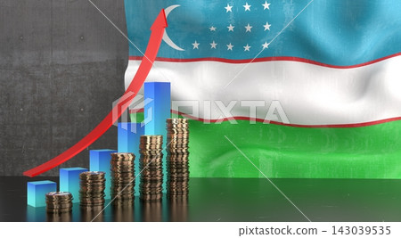 Uzbekistan - growth chart and national flag - 3D illustration Uzbekistan - growth chart and national flag - 3D illustration 143039535