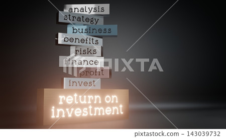 ROI, return on investment - block shapes and glow effect - 3D illustration 143039732