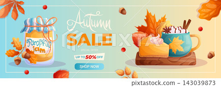 Horizontal autumn promo banner. Pumpkin sweets, pastries, leaves, a cup of cocoa. The concept of autumn and harvest. Seasonal discounts, sale. Vector illustration for posters, advertisements, flyers Horizontal autumn promo banner. Pumpkin sweets, pastries, leaves, a cup of cocoa. The concept of autumn and harvest. Seasonal discounts, sale. Vector illustration for posters, advertisements, flyers 143039873