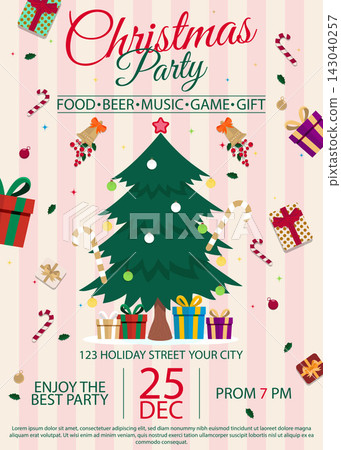 Festive Christmas party promotional poster featuring a decorated evergreen tree, gift boxes, candy canes, bells, and holiday event details on a striped background. Festive Christmas party promotional poster featuring a decorated evergreen tree, gift boxes, candy canes, bells, and holiday event details on a striped background. 143040257