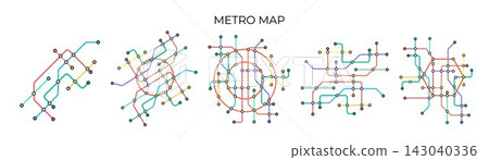 Metro stations and plan of subway with. Fictional metro map of underground. Layout of public passenger transport. Vector Metro stations and plan of subway with. Fictional metro map of underground. Layout of public passenger transport. Vector 143040336
