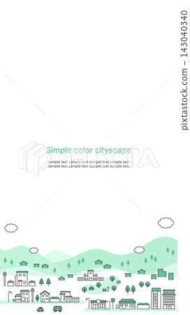 A simple illustration of a green cityscape with mountains in the background. White background, vertical 16:9 aspect ratio. A simple illustration of a green cityscape with mountains in the background. White background, vertical 16:9 aspect ratio. 143040340