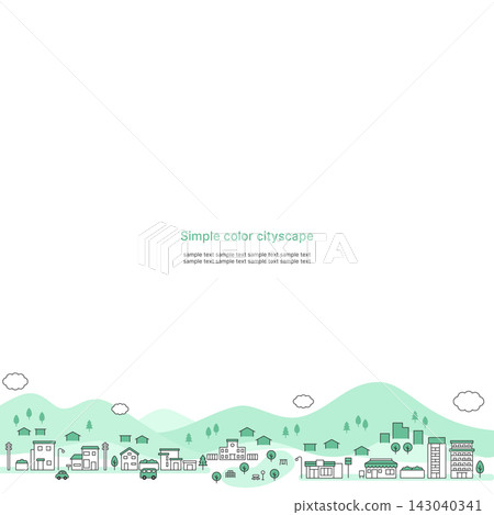 一幅簡潔的綠色城市景觀插圖,背景是山脈。 (白色背景,正方形) 一幅簡潔的綠色城市景觀插圖,背景是山脈。 (白色背景,正方形) 143040341