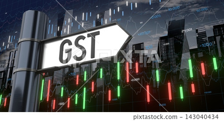 GST, Goods and Services Tax - signpost and financial data - 3D illustration GST, Goods and Services Tax - signpost and financial data - 3D illustration 143040434