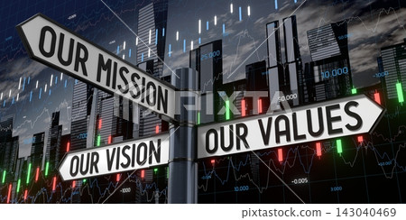 Our Mission, Our Vision, Our Values - Signpost with Three Arrows - 3D illustration Our Mission, Our Vision, Our Values - Signpost with Three Arrows - 3D illustration 143040469