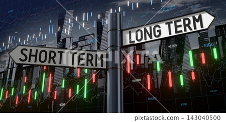 Short term or long term - signpost with two arrows and financial data - 3D illustration Short term or long term - signpost with two arrows and financial data - 3D illustration 143040500