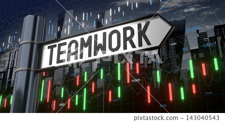 Teamwork - signpost and financial data - 3D illustration Teamwork - signpost and financial data - 3D illustration 143040543