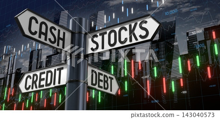 Cash, Stocks, Credit, Debt - Signpost with Four Arrows - 3D illustration 143040573