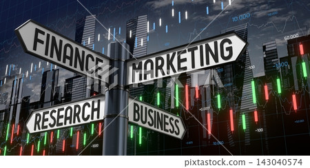 Finance, Marketing, Research, Business - Signpost with Four Arrows - 3D illustration Finance, Marketing, Research, Business - Signpost with Four Arrows - 3D illustration 143040574