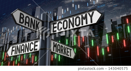 Bank, Economy, Finance, Market - Signpost with Four Arrows - 3D illustration Bank, Economy, Finance, Market - Signpost with Four Arrows - 3D illustration 143040575