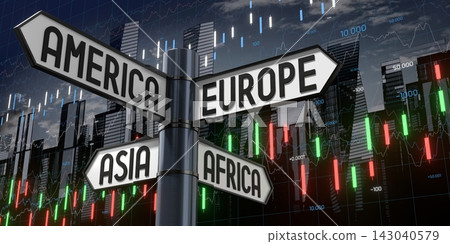 America, Europe, Asia, Africa - Signpost with Four Arrows - 3D illustration America, Europe, Asia, Africa - Signpost with Four Arrows - 3D illustration 143040579