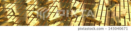 Gold Ingots Randomly Placed on Shiny Surface - 3d illustration 143040671