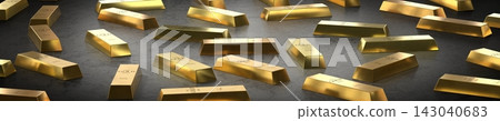 Gold Bars Scattered on Dark Floor Banner - 3d illustration 143040683