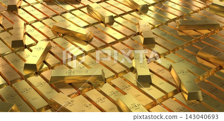 Gold Ingots Lying Freely on Golden Grid - 3d illustration Gold Ingots Lying Freely on Golden Grid - 3d illustration 143040693