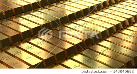 Aligned Gold Bars in Rows - 3d illustration 143040698