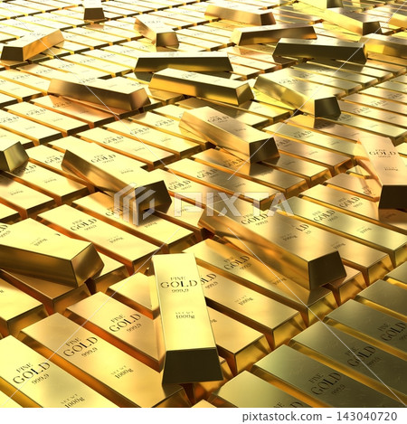 Square View of Golden Ingots Lying Randomly - 3d illustration Square View of Golden Ingots Lying Randomly - 3d illustration 143040720