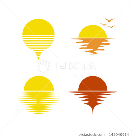 The image displays four minimalist vector icons depicting sunsets or sunrises over water The image displays four minimalist vector icons depicting sunsets or sunrises over water 143040914