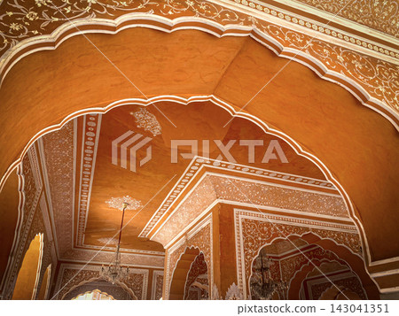 Ornate interior of a historic palace in Jaipur, India. 143041351