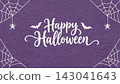 Happy Halloween greeting card with spider webs, hanging spiders and bats on violet textured paper background. Spooky banner 143041643