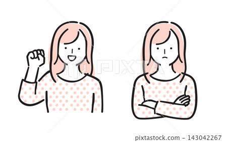 一組女性插畫，她們有著快樂和擔憂的表情和姿勢（純色）。 143042267