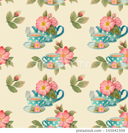 Watercolor seamless pattern with teapot and cup set with pink wild roses and buds on a beige background Watercolor seamless pattern with teapot and cup set with pink wild roses and buds on a beige background 143042309