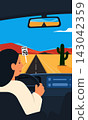Woman driving car on desert highway vector illustration 143042359